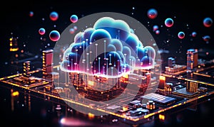 Neon Glowing Cloud Computing Concept with Cloud Icon and Technology Symbols on Dark Background, Representation of Online Data