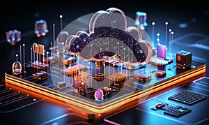 Neon Glowing Cloud Computing Concept with Cloud Icon and Technology Symbols on Dark Background Representation of Online Data