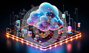 Neon Glowing Cloud Computing Concept with Cloud Icon and Technology Symbols on Dark Background Representation of Online Data