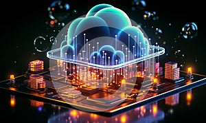 Neon Glowing Cloud Computing Concept with Cloud Icon and Technology Symbols on Dark Background Representation of Online Data