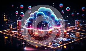 Neon Glowing Cloud Computing Concept with Cloud Icon and Technology Symbols on Dark Background Representation of Online Data