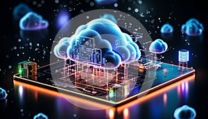 Neon Glowing Cloud Computing Concept with Cloud Icon and Technology Symbols on Dark Background Representation of Online Data