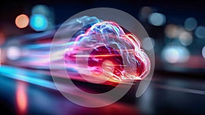 Neon glowing cloud computing icon with dynamic light trails in a futuristic setting