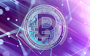 Neon glowing Cryptoruble concept coin in Ultra Violet colors with blockchain nodes in blurry background. 3D rendering