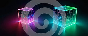 Neon glowing cubes with digital grid patterns