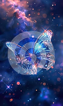 neon glowing fantasy butterfly at dark background. colorful uv insect wallpaper