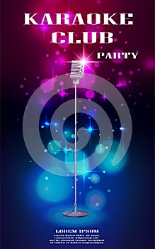 Neon glowing flyer with retro microphone and soft bokeh. Banner with lights effects for night club or karaoke party photo