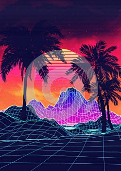 Vaporwave landscape with rocks and palms photo