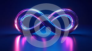 Neon glowing infinity symbol on reflective surface.