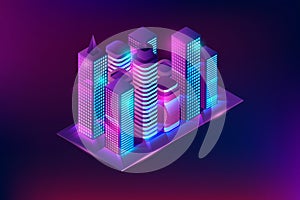 Neon glowing isometric city. Perspective buildings with violet and blue glow, modern skyscrapers isometric illustration.
