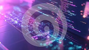 Neon glowing keyboard displaying programming coding on screen