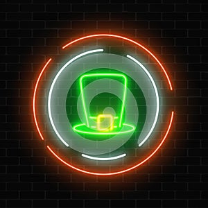 Neon glowing leprechaun hat sign on a dark brick wall background.