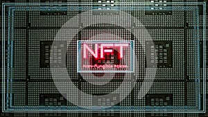 Neon glowing letters nft on the background of computer parts. cryptoart concept. 3d render illustration