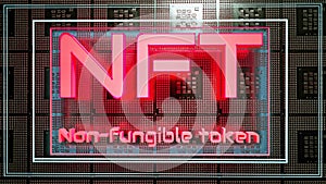 Neon glowing letters nft on the background of computer parts. cryptoart concept. 3d render illustration
