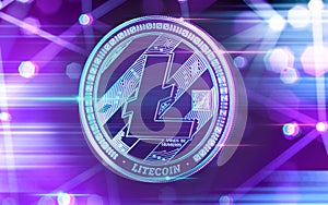 Neon glowing Litecoin LTC coin in Ultra Violet colors with cryptocurrency blockchain nodes in blurry background. 3D rendering