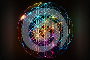 Neon glowing mandala of the flower of life. Colorful lines with dark background. Sacred geometry concept.