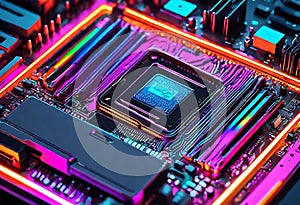 Neon Glowing Motherboard of CPU