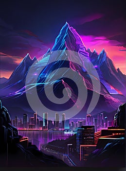 Neon glowing mountain town - 1