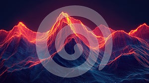 Neon glowing mountains digital landscape wireframe visualization concept
