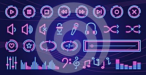 Neon glowing music icons, audio, sound, records, music players and music keys signs and symbols