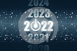 2020, 2021, 2022, 2023, 2024 neon glowing numbers on dark background. Internet grid. Power button. New Year`s banner. The concept
