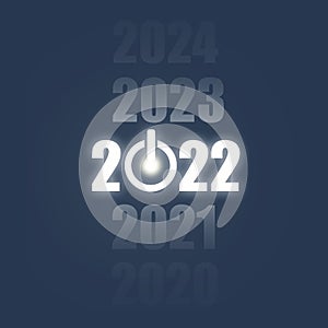 2020, 2021, 2022, 2023, 2024 neon glowing numbers on dark background. Power button. New Year`s banner. The concept of the start o