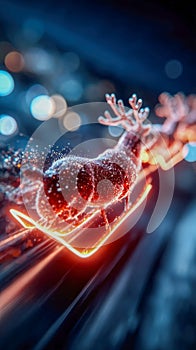 Neon glowing reindeer pulling Santa sleigh through a vibrant night sky