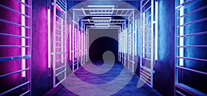 Neon Glowing Sci FI Futuristic Elegant Alien Modern Hi Tech Purple Pink Blue Rectangle Metal Structure Corridor Tunnel Grunge