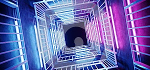 Neon Glowing Sci FI Futuristic Elegant Alien Modern Hi Tech Purple Pink Blue Rectangle Metal Structure Corridor Tunnel Grunge