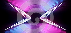 Neon Glowing Sci Fi Futuristic Wing Shaped Triangle Neon Glowing White Pink Purple Blue Light Tubes In Dark Concrete Refelctive