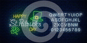 Neon glowing sign of st. Patrick day leprechaun hat and clover leaf with alphabet. Green shamrock as Ireland symbol