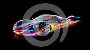 Neon glowing sport car on a night road. Generative AI. Illustration for banner, poster, cover or presentation