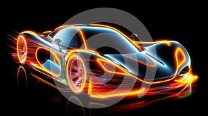 Neon glowing sport car on a night road. Generative AI. Illustration for banner, poster, cover or presentation