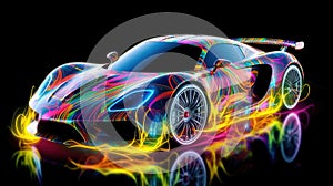 Neon glowing sport car on a night road. Generative AI. Illustration for banner, poster, cover or presentation