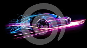 Neon glowing sport car on a night road. Generative AI. Illustration for banner, poster, cover or presentation