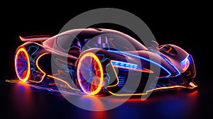 Neon glowing sport car on a night road. Generative AI. Illustration for banner, poster, cover or presentation