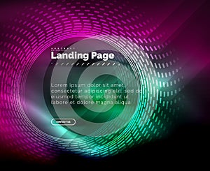 Neon glowing techno lines, hi-tech futuristic abstract background template with circles, landing page template