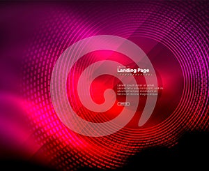 Neon glowing techno lines, hi-tech futuristic abstract background template with circles, landing page template