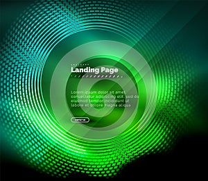 Neon glowing techno lines, hi-tech futuristic abstract background template with circles, landing page template