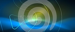 Neon glowing techno lines, hi-tech futuristic abstract background template with geometric shapes