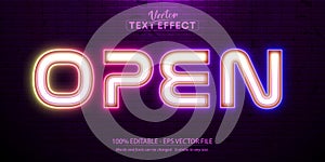 Neon glowing text effect, open text style isolated on brick wall background