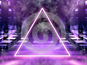 Neon glowing triangle, fog and glowing walls - abstract 3d illustration