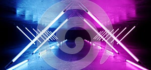 Neon Glowing Triangle Shaped Sci Fi Futuristic Modern Elegant Ultraviolet Stage Long Tunnel Road With Purple Blue Lights Empty