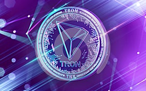 Neon glowing TRON TRX coin in Ultra Violet colors with cryptocurrency blockchain nodes in blurry background. 3D rendering