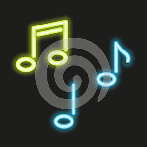 Neon glowing vmusic notes sign, music sign