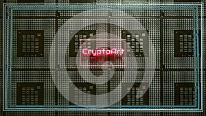 neon glowing word crypto art on cpu background. 3d render