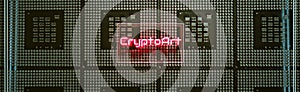 Neon glowing word crypto art on cpu background. 3d render