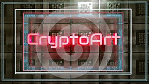 Neon glowing word crypto art on cpu background. 3d render illustration