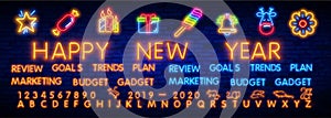 Neon review. 2020 goals, marketing, budget, plan, trends. Set of neon badges. Vector lettering illustration on dark