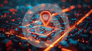 Neon GPS Map Pin Over Digital City